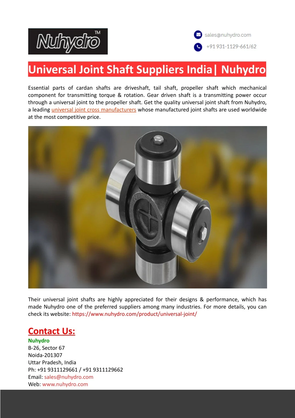 universal joint shaft suppliers india nuhydro n.