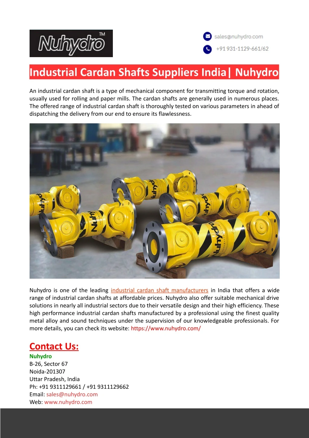 industrial cardan shafts suppliers india nuhydro n.
