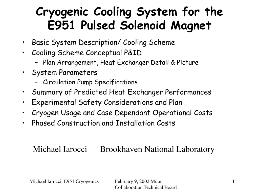 cryogenic cooling system for the e951 pulsed solenoid magnet n.