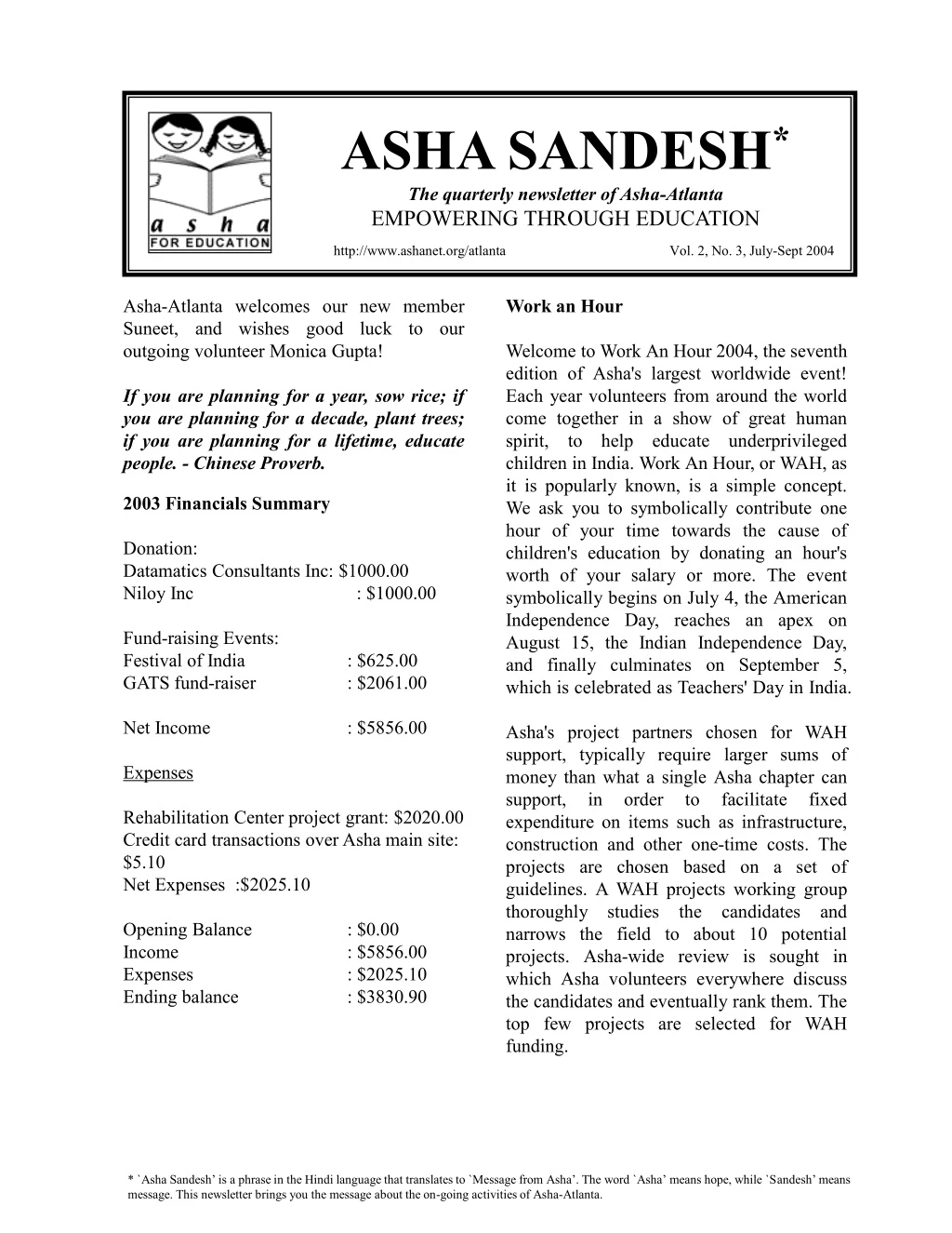 asha sandesh the quarterly newsletter of asha n.