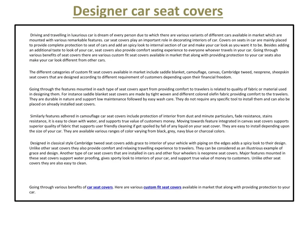 designer car seat covers n.