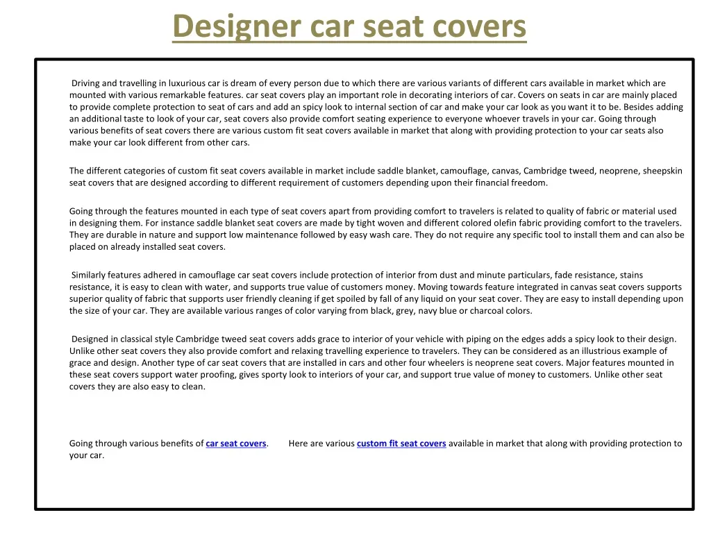 designer car seat covers n.