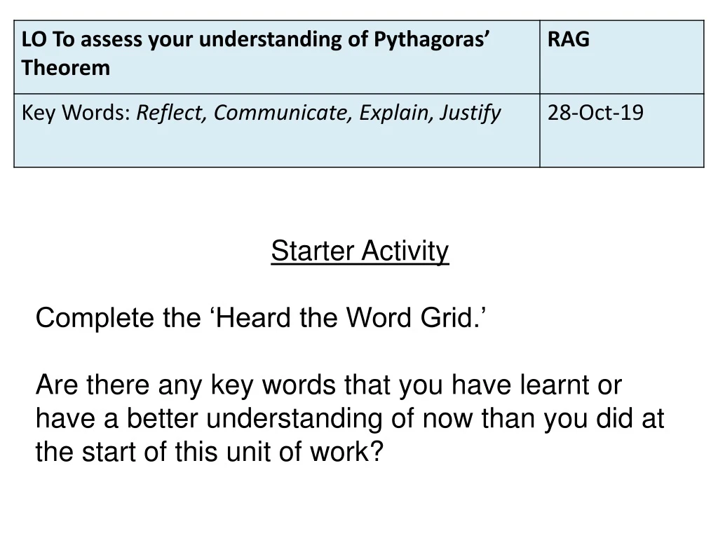 starter activity complete the heard the word grid n.