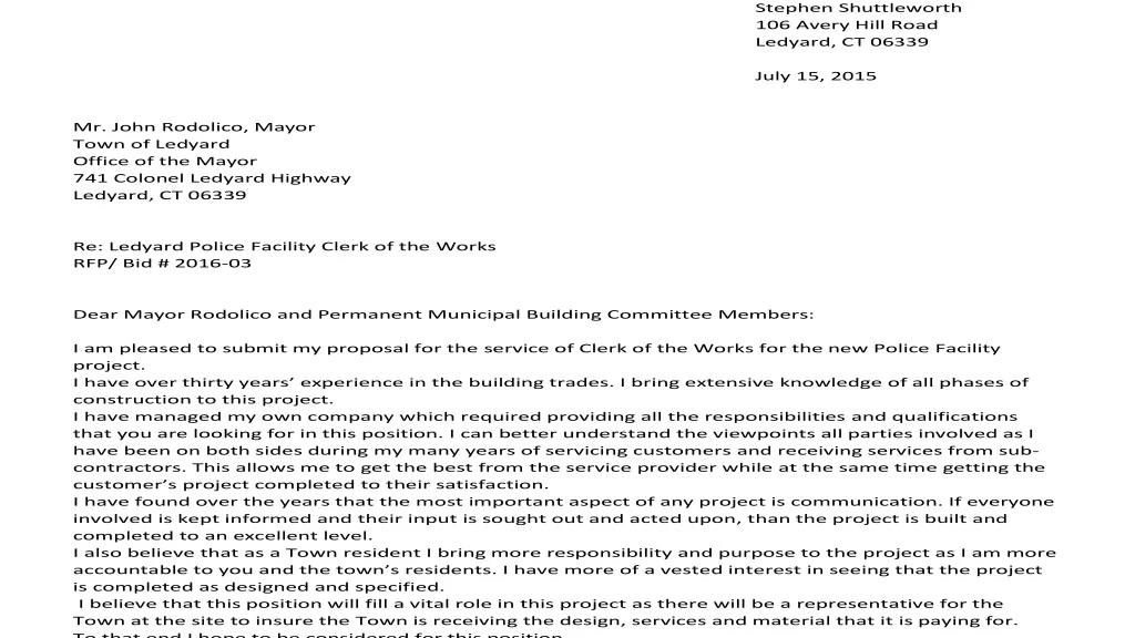 PPT Specifications/Proposal Clerk of the Works Town of Ledyard Police