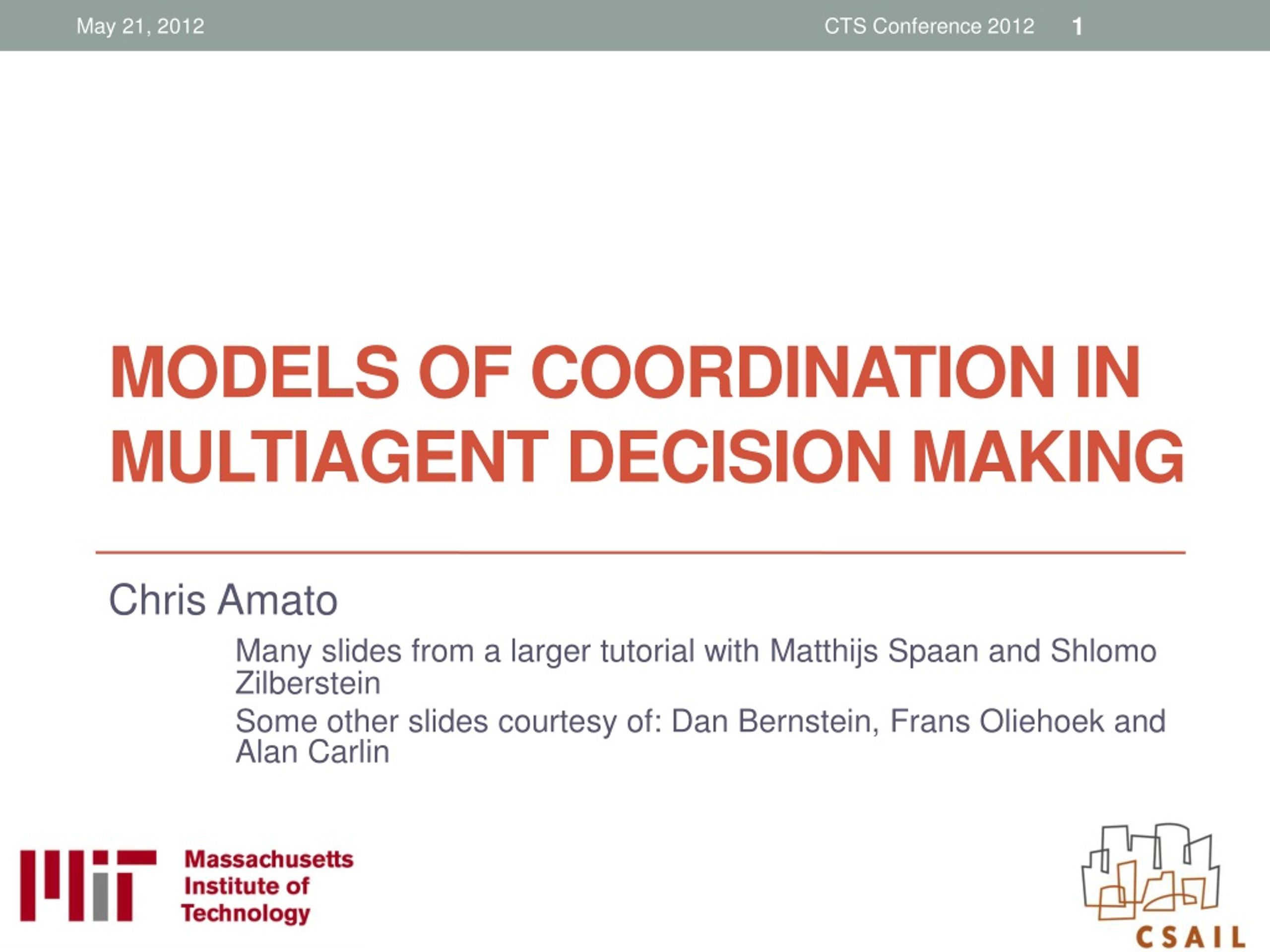 PPT - Models Of Coordination In Multiagent Decision Making PowerPoint ...