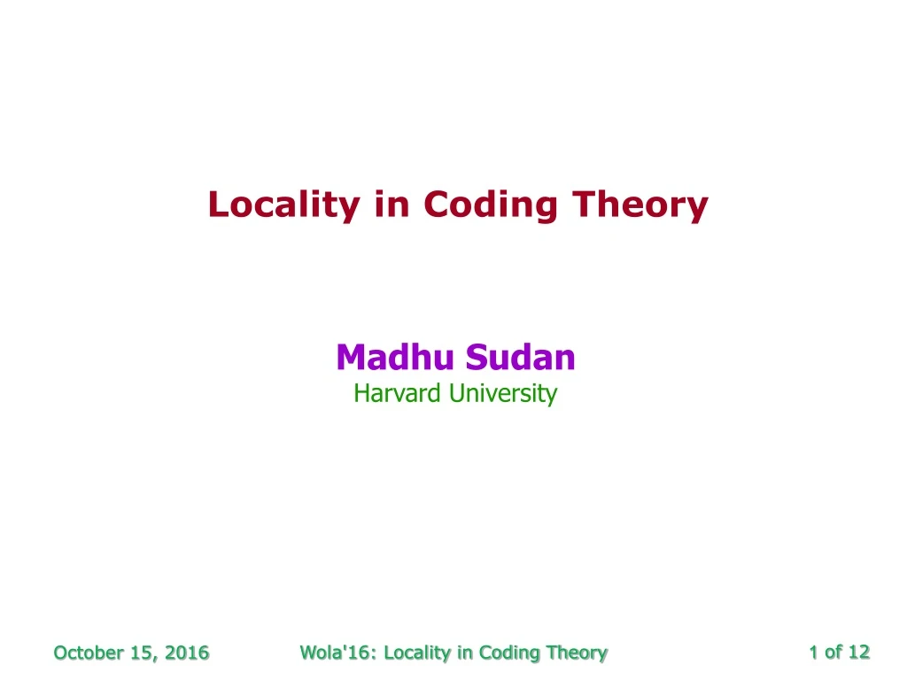 locality in coding theory n.