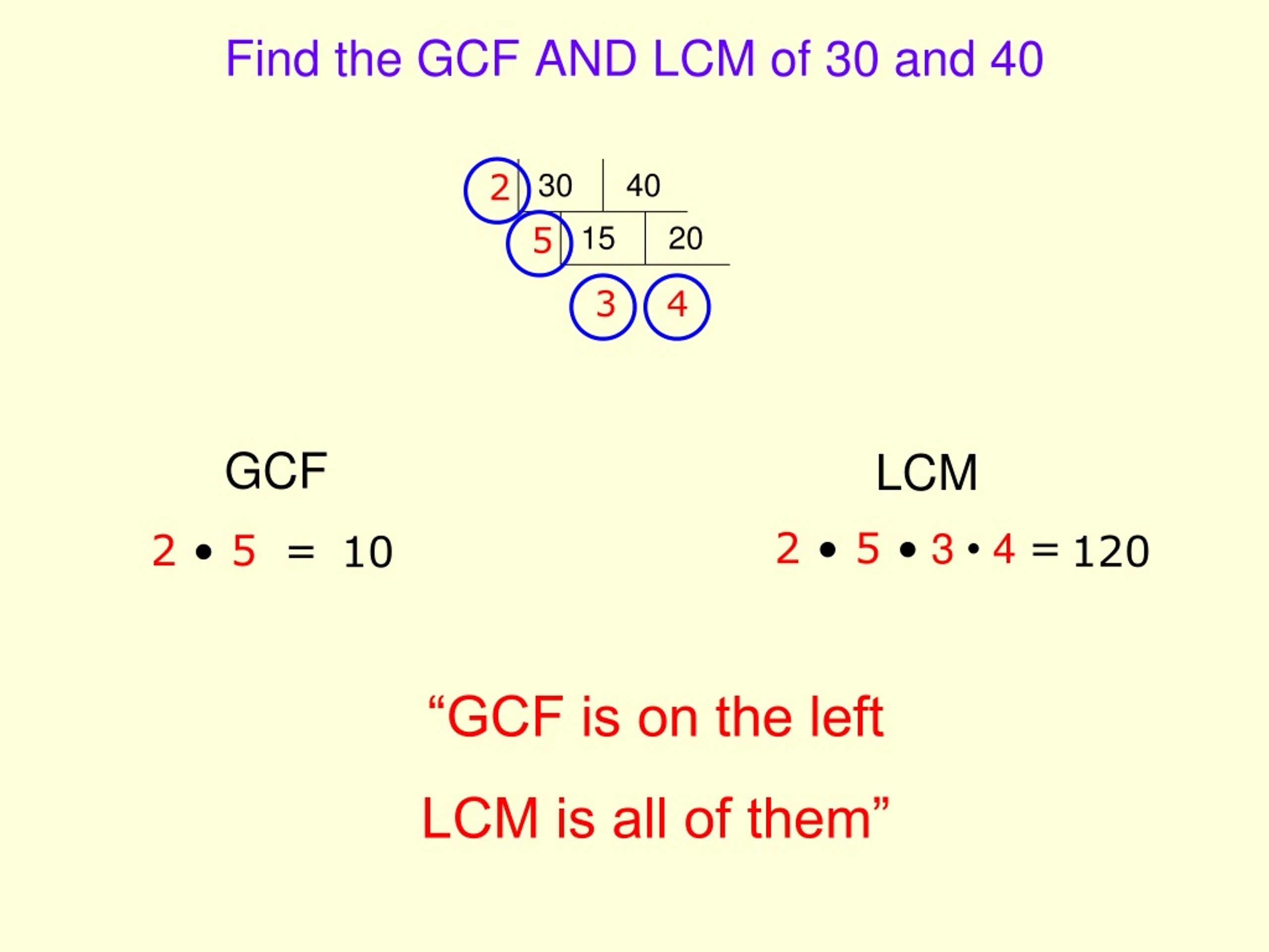 LCM and GCF of 25 and 30 