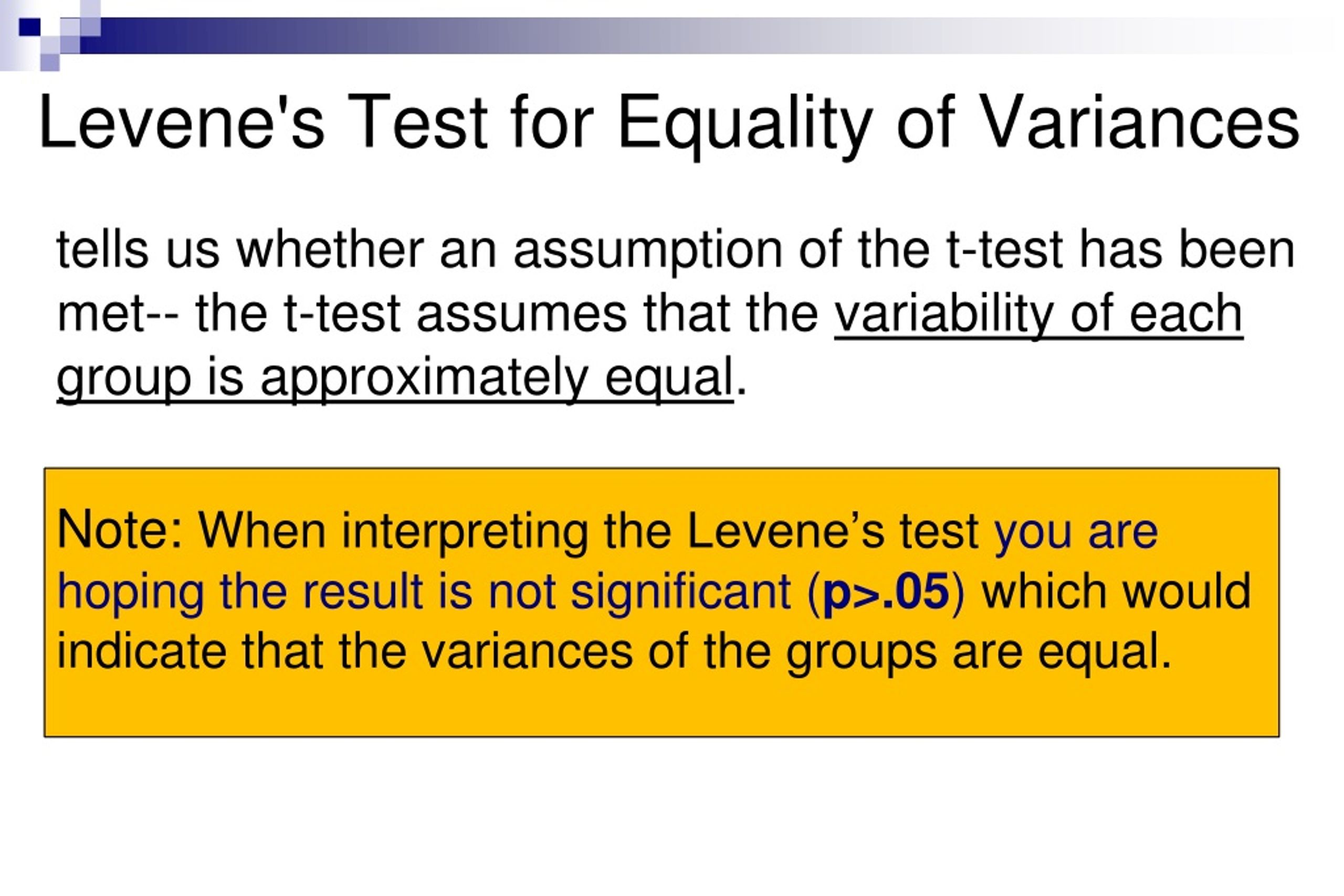 null hypothesis test for equality