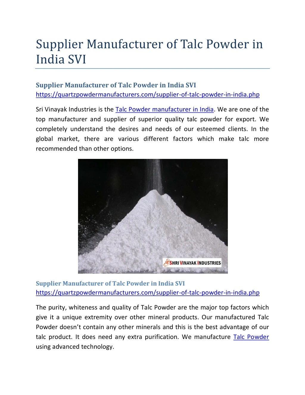 supplier manufacturer of talc powder in india svi n.