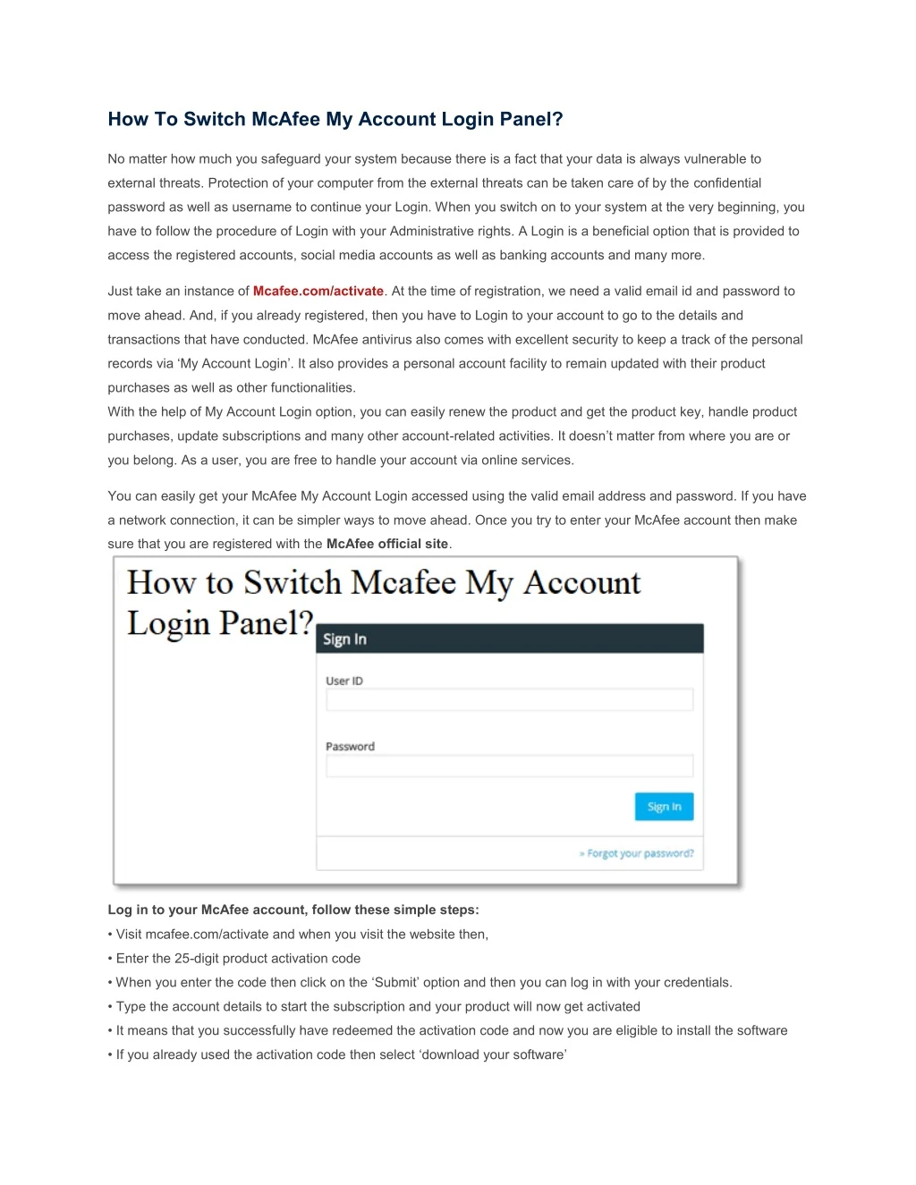 how to switch mcafee my account login panel n.