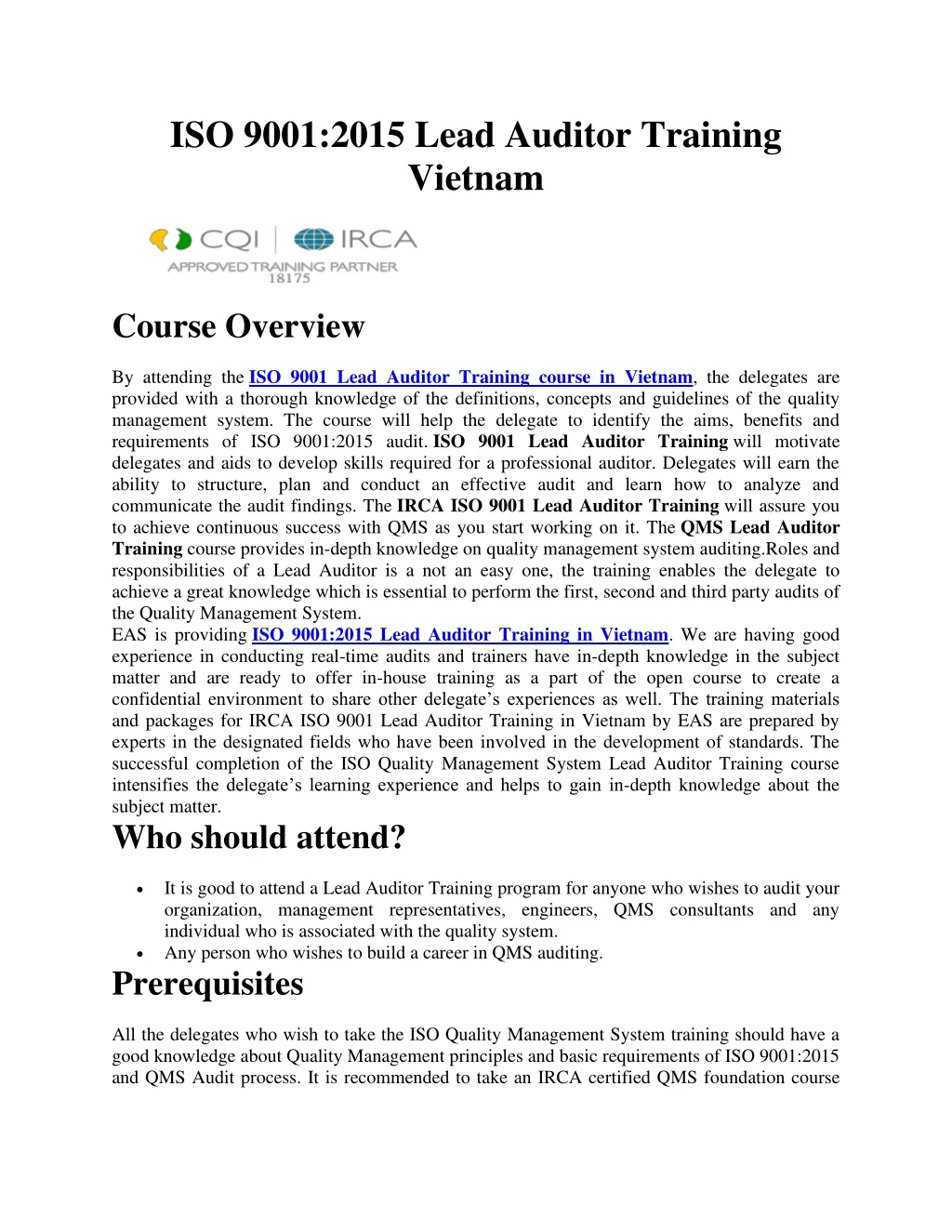 iso 9001 2015 lead auditor training vietnam n.