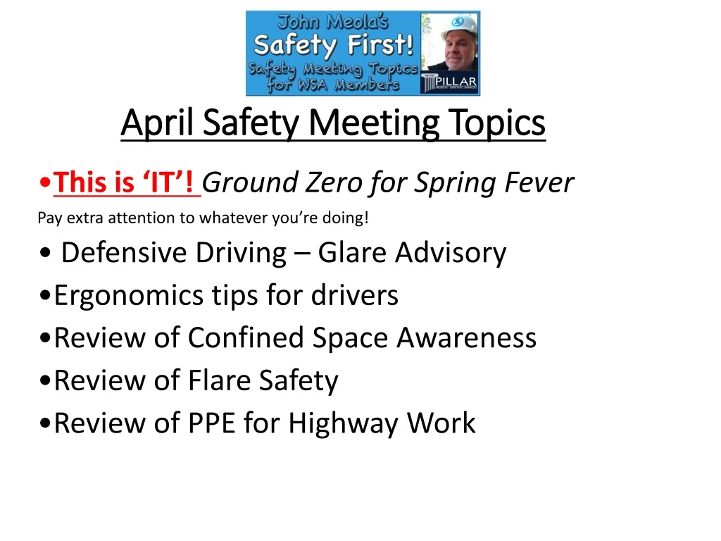 PPT April Safety Meeting Topics PowerPoint Presentation, free