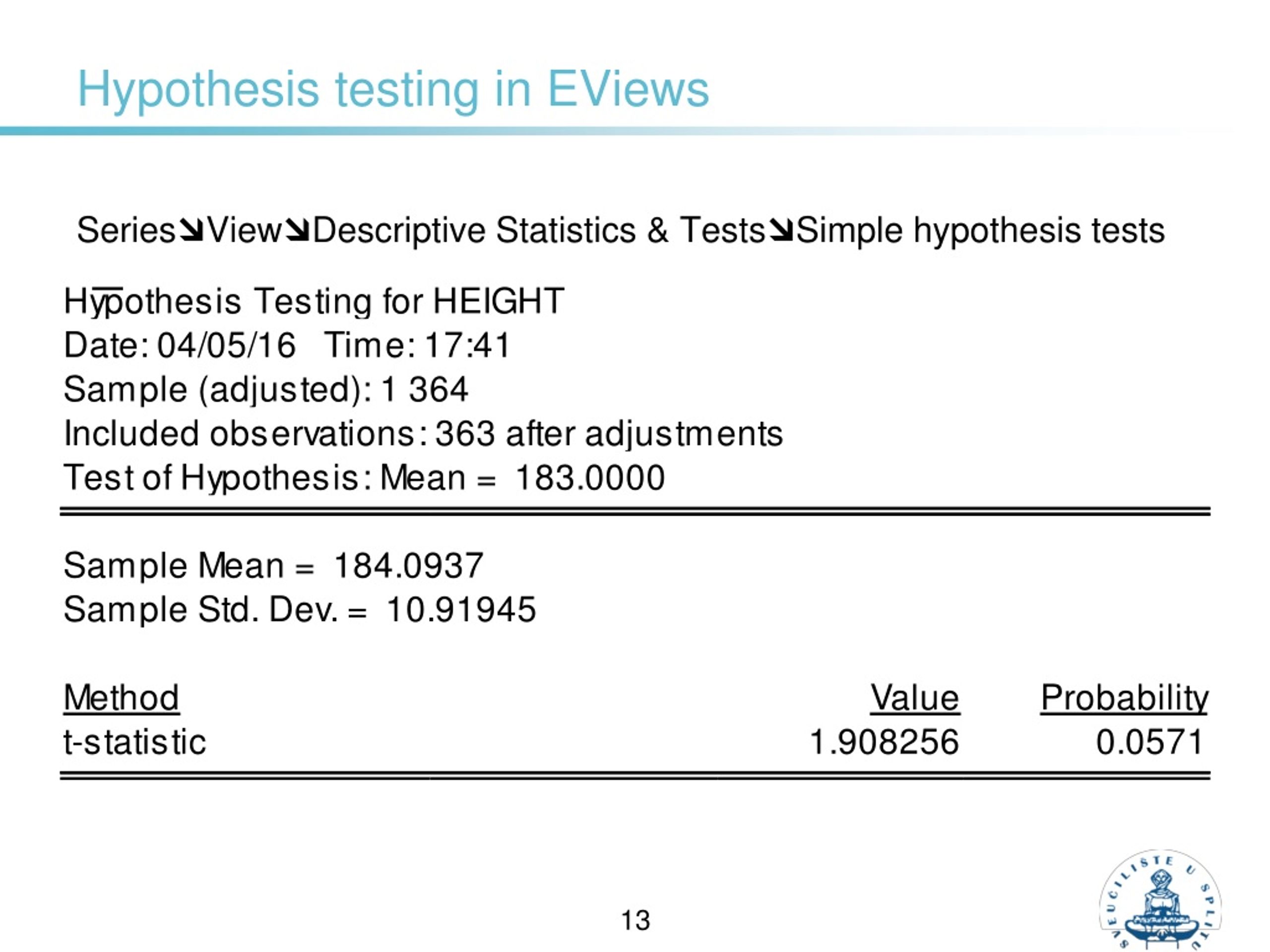 hypothesis testing in eviews