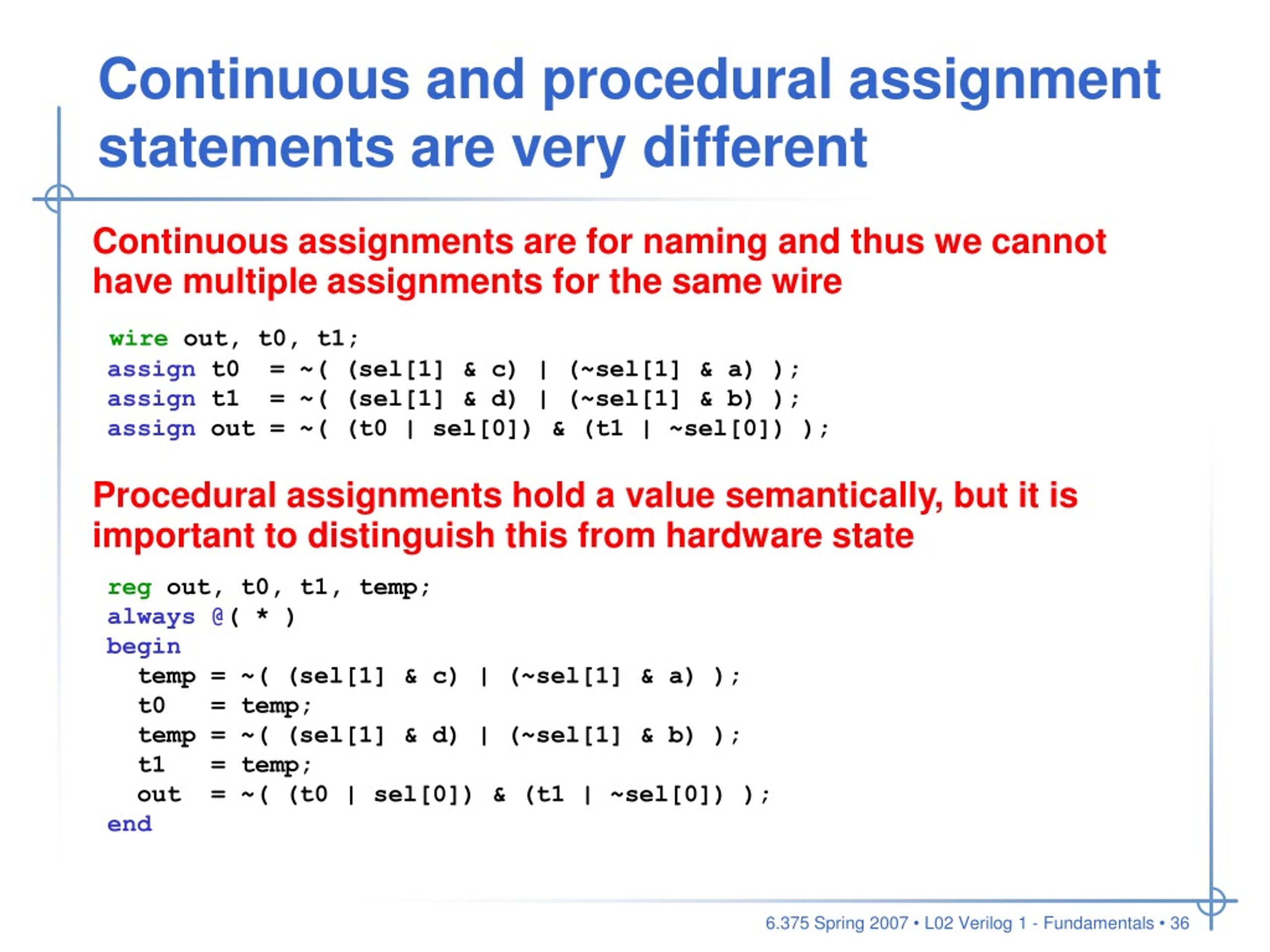 continuous assignment vs procedural assignment verilog