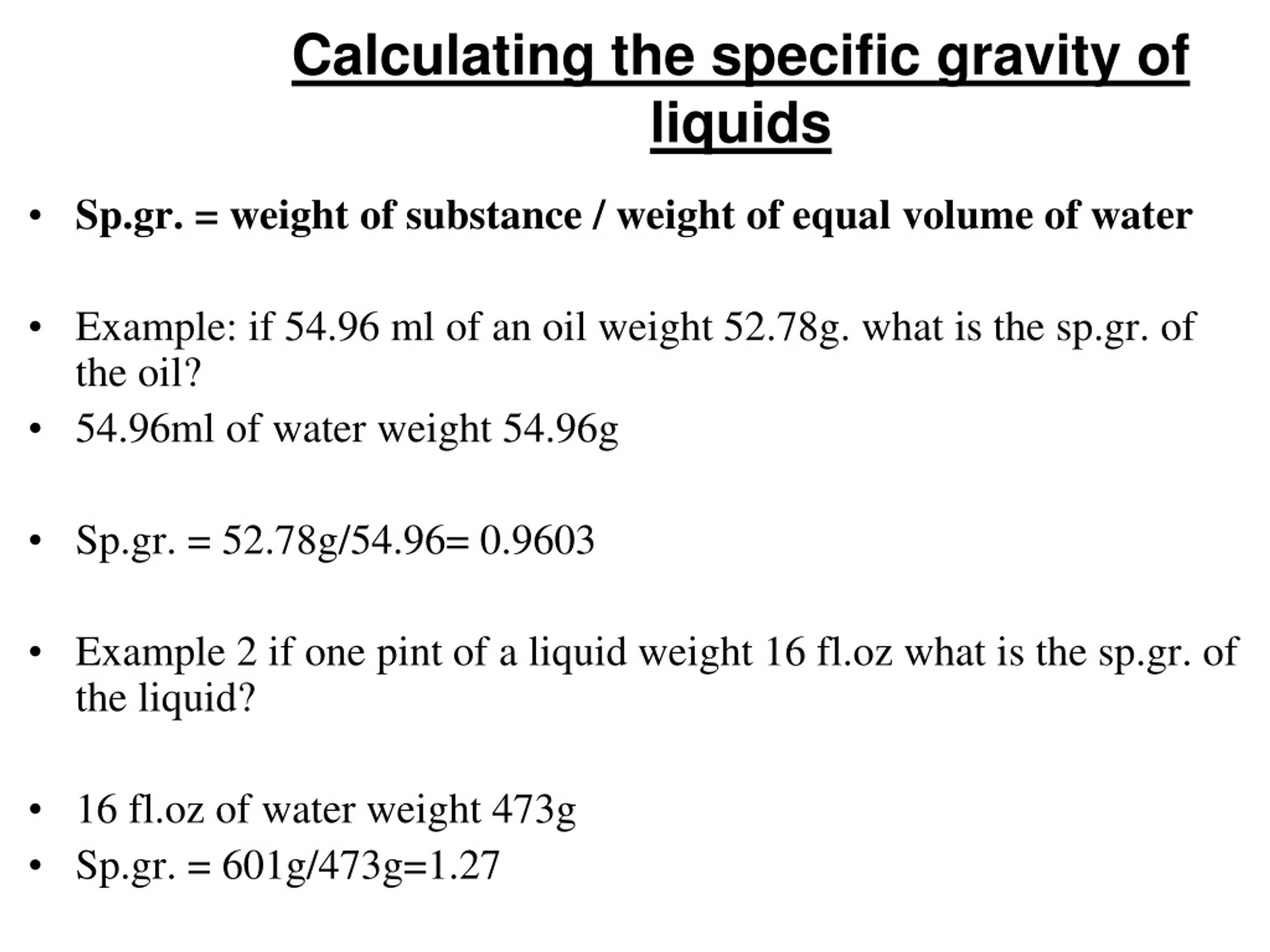 specific gravity of liquids experiment conclusion