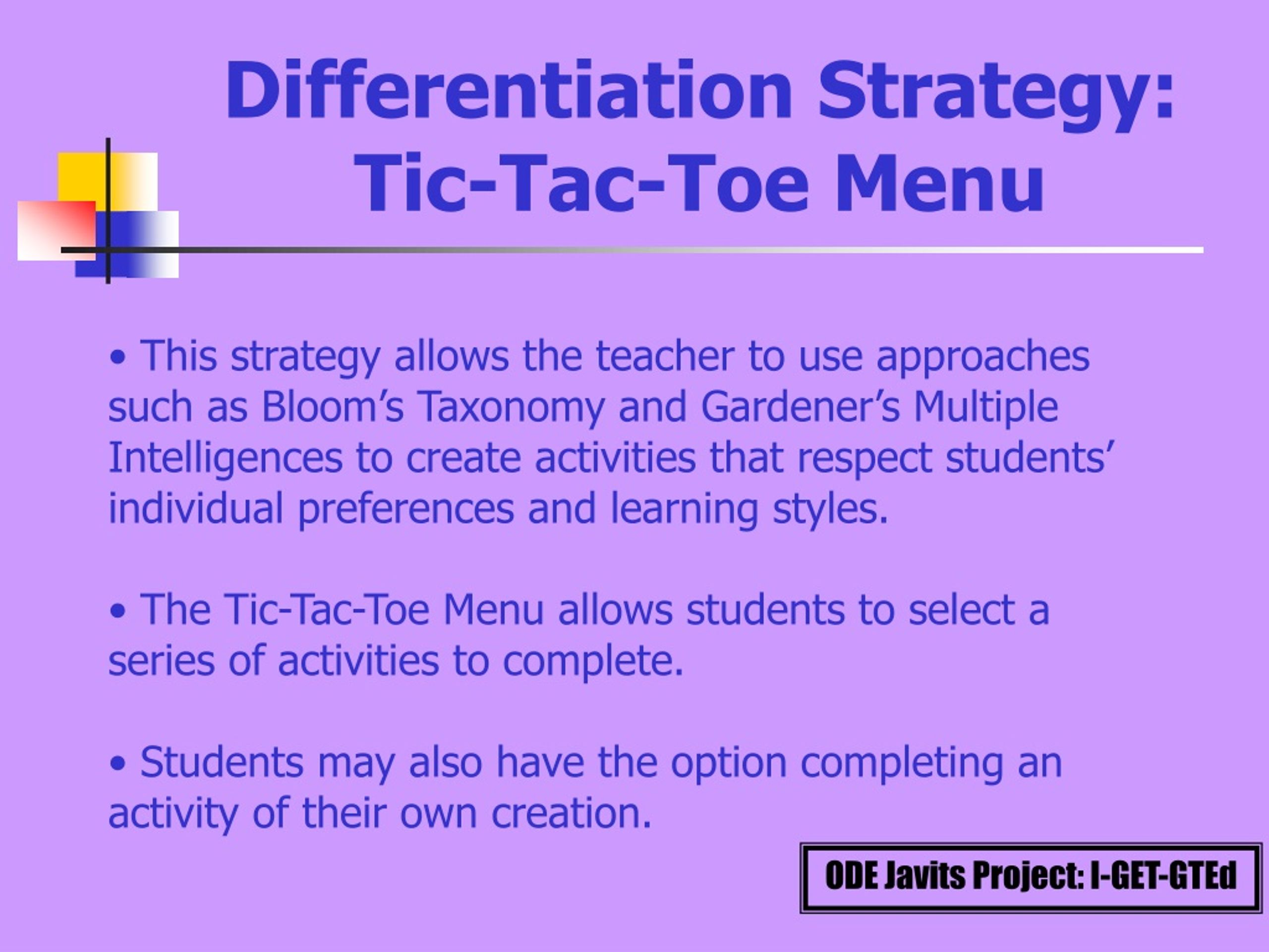 Tic-Tac-Toe in Differentiated Instruction