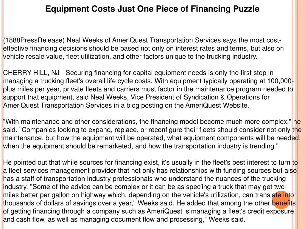 equipment costs just one piece of financing puzzle n.